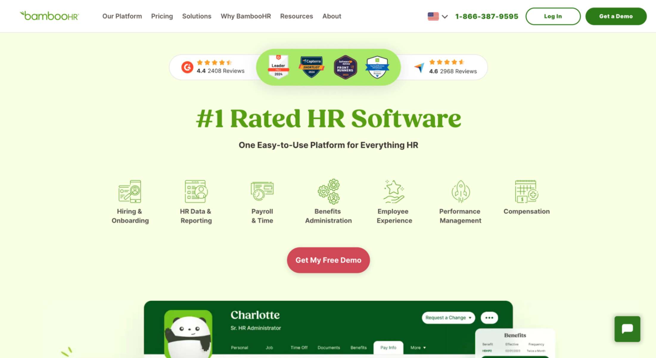 Employee record management software BambooHR homepage screenshot