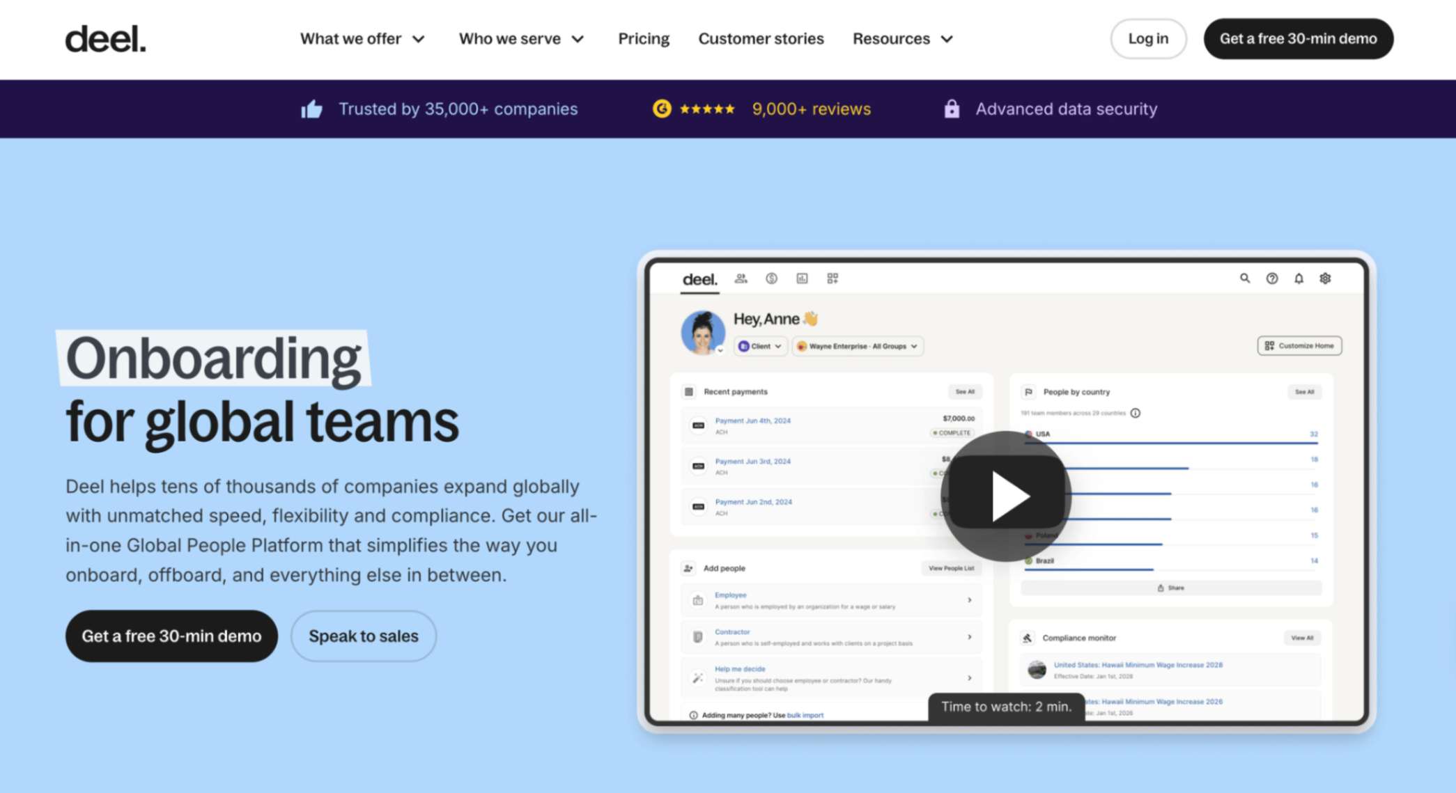 Deel, HR automation software, homepage screenshot