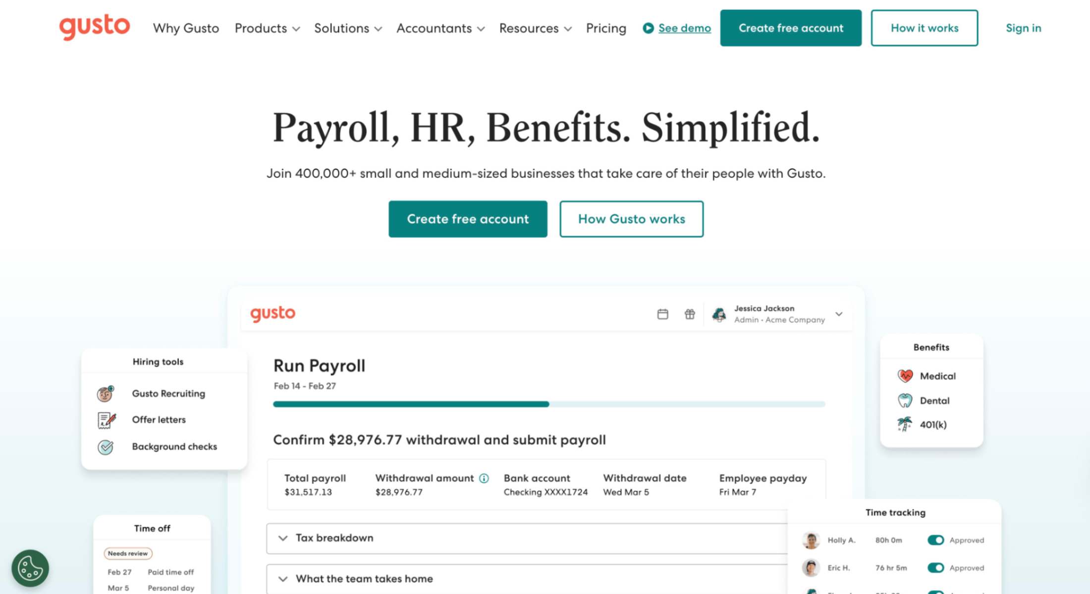 Gusto, HR automation software, homepage screenshot