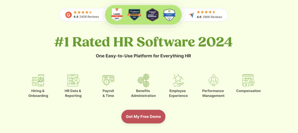 BambooHR review image showing #1 rated HR software 2024 badge, ratings, and HR features like hiring, payroll, benefits, and performance management.