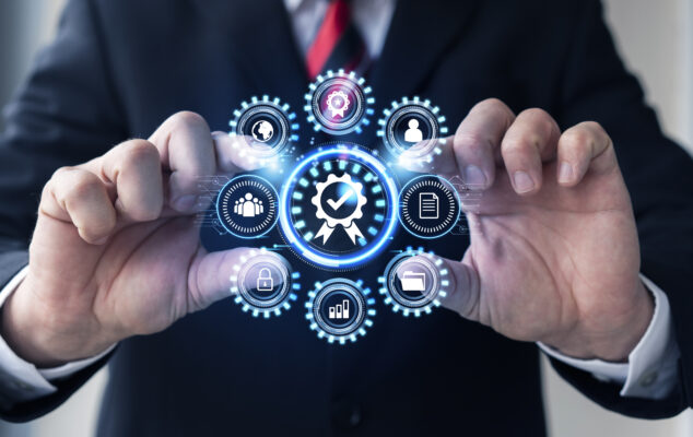 Hands interacting with digital interface showing icons for HR automation software functions like employee records, compliance, and data security