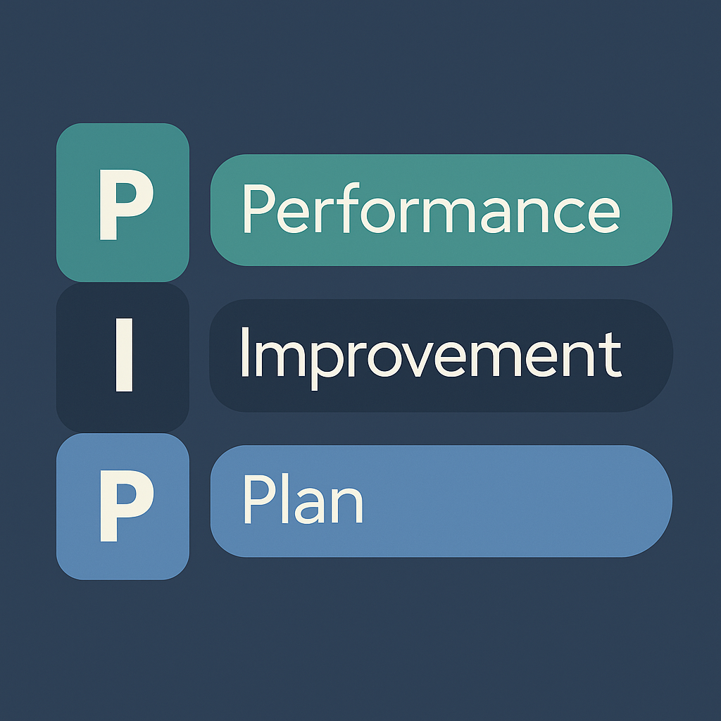 Illustration of Performance Improvement Plans with labeled sections for Performance, Improvement, and Plan in modern HR design.