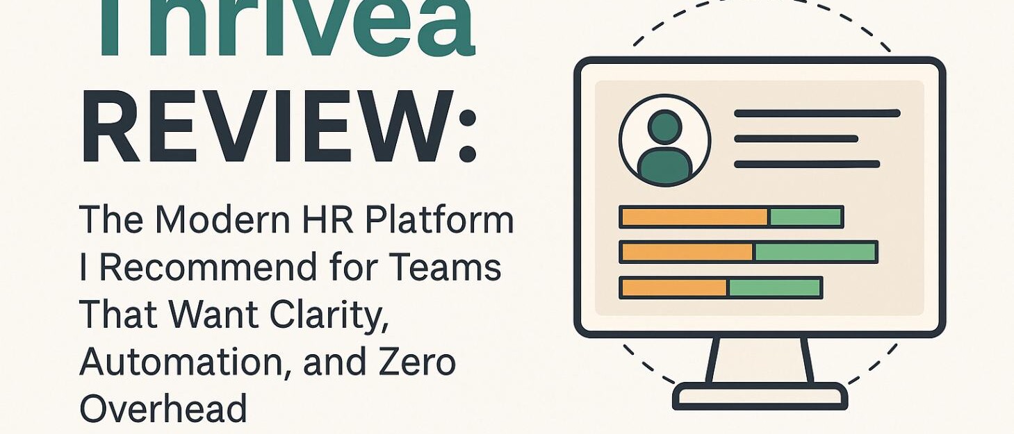 Illustration for a Thrivea review showing a modern HR dashboard on a computer screen with teal, green, and orange elements on a neutral background.