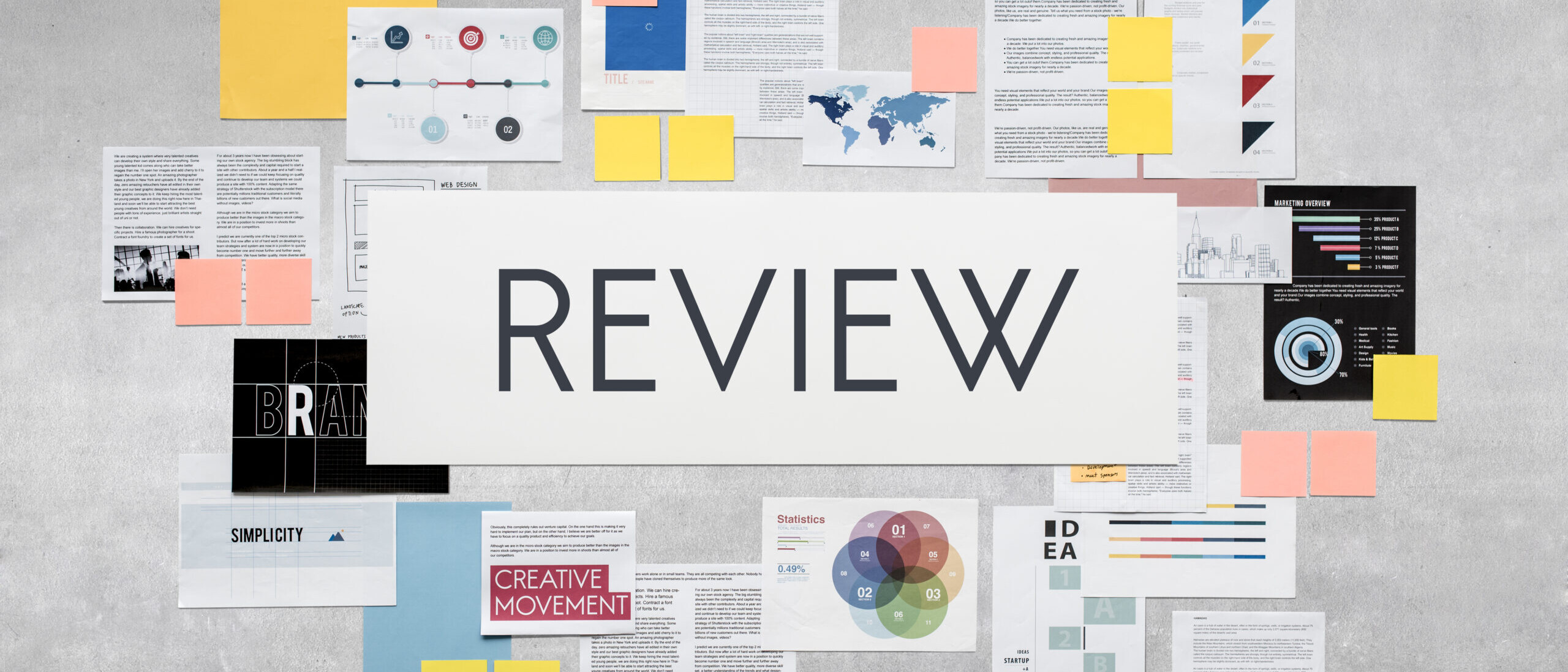 Collage of business documents and charts with the word