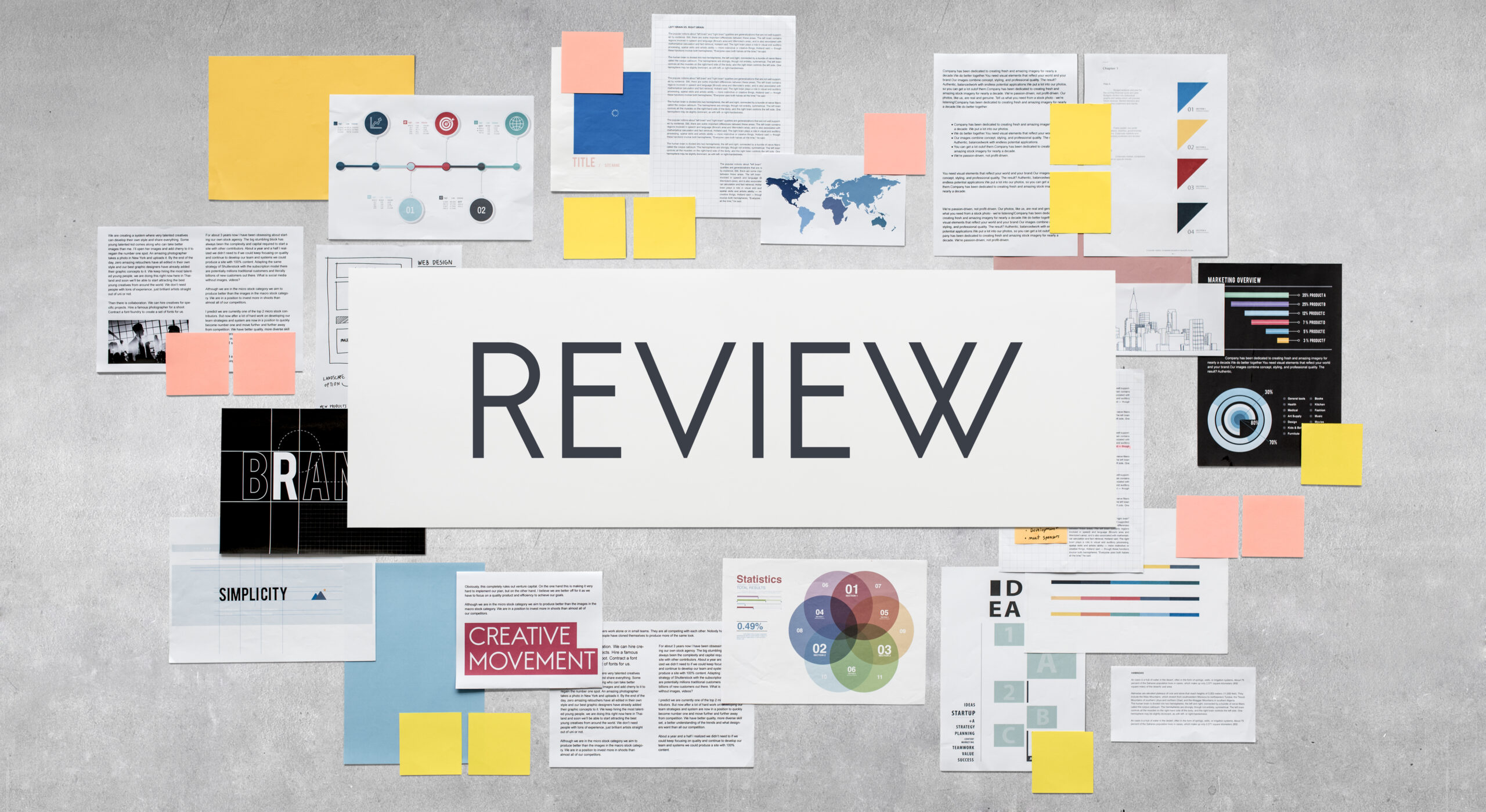 Collage of business documents and charts with the word "Review" in the center, representing a Gusto review concept